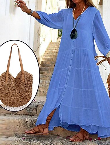  Damen Passende Sets Weißes Kleid Casual kleid Baumwoll-Leinenkleid Schaukelkleid Tasche Outfit 2St Böhmische Modern Glatt Festtage Langarm Sommer Frühling V Ausschnitt Rüsche Taste