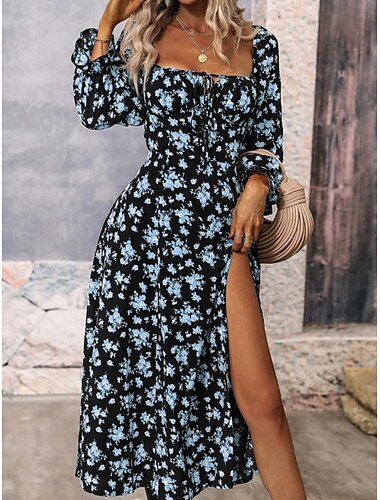  Damen Maxidress Casual kleid Schaukelkleid A Linie Kleid Sommerkleid Strassenmode A-Linie Urlaub Strasse Festtage Regular Fit Blumen Langarm Quadratischer Ausschnitt Weiß Blau Purpur Gold Sommer