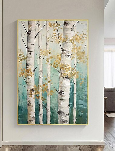  peinture à l'huile de forêt sur toile peinte à la main peinture de paysage vert abstrait pour décor mural de salon peinture de forêt de bouleau peinture d'art mural moderne peinture à l'huile de