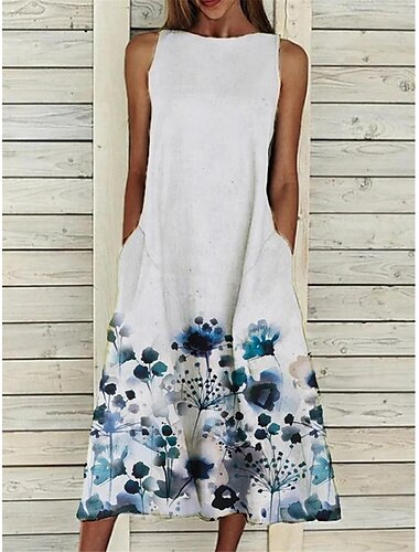  Damen Freizeitkleid Tankkleid Blumen Taschendruck Rundhals Midikleid Urlaub ärmellos Sommer