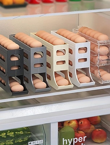 Soporte para huevos de 4 niveles para refrigerador, soporte para huevos para refrigerador, dispensador de huevos, bandeja para huevos con ruedas automáticas, contenedor para 30 huevos, rodillo para huevos que ahorra espacio para refrigerador