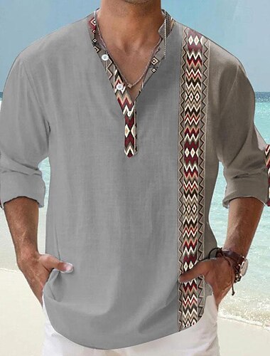  Herren Stammes Ethnisch Hemd Leinenhemd Knopfhemd Langarm Tribal Urlaub Alltagskleidung Ausgehen Frühling & Herbst Stehkragen Knöpfe Druck Weiß Khaki Grau