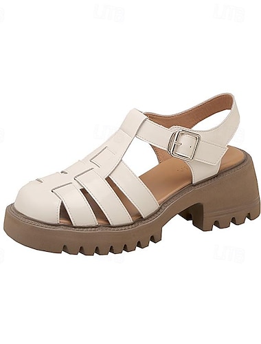  Weiße Fischersandalen für Damen mit dicker Profilsohle und Schnallenriemen, geschlossene Vintage-Schuhe aus Kunstleder für den Sommer, den Alltag und legere Outfits