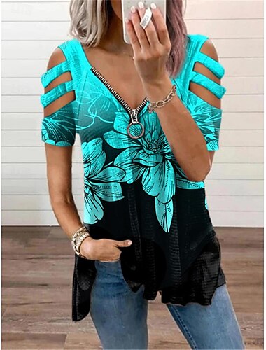  Damen Tunika Top kalte Schulter Kurzarm Galaxy Reißverschluss vorne asymmetrischer Saum lässig Frühling Herbst schwarz weiß lockere Passform Kleidung
