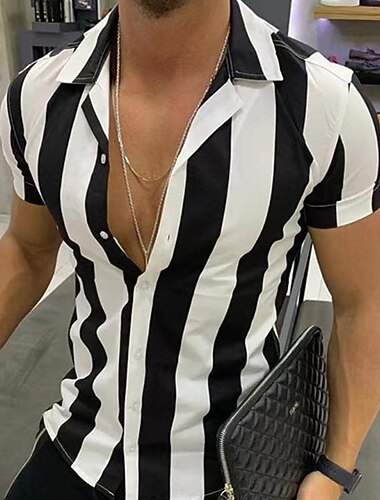  Voor heren Overhemd Zomer overhemd Normaal shirt Strand hemd Overhemd met knopen Gestreepte shirts Zwart Wit Geel blauw Oranje Korte mouw Gestreept Revers Vakantie Hawaii Kleding Polyester Modieus