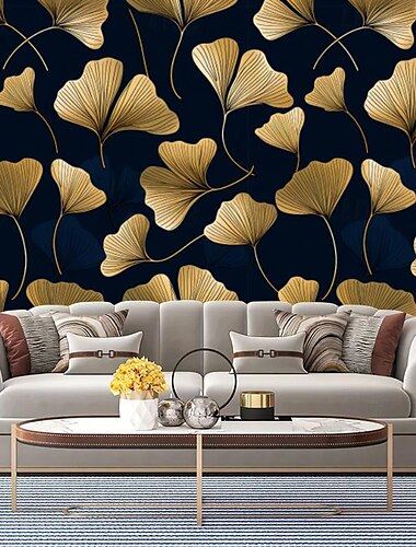  Coole Tapeten, Gingko-Blätter, goldfarben, 3D-Tapete, Wandbild, Rollenaufkleber, abziehen und aufkleben, entfernbares PVC/Vinyl-Material, selbstklebend/Kleber erforderlich, Wanddekoration für