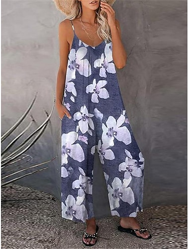  Women's Jumpsuit Print Floral U Neck Streetwear Street Daily Regular Fit Sleeveless Blue Khaki S M L Summer