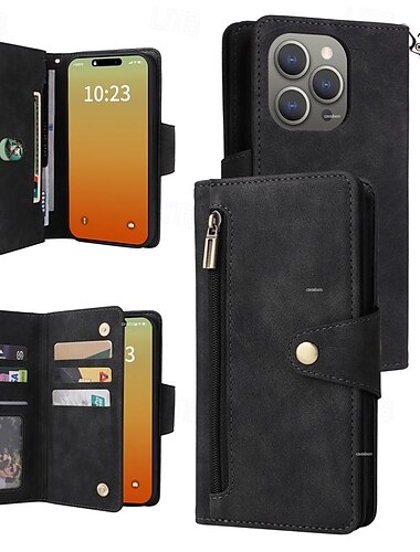  telefono Custodia Per iPhone16 iPhone 15 Pro Max iPhone 14 13 12 11 Pro Max Mini SE X XR XS Max 8 7 Plus Porta carte di credito Cerniera con cinturino da polso Supporto a molla Retrò TPU pelle