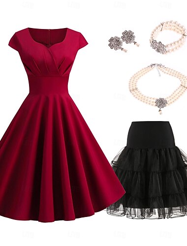  Conjunto con vestido vintage acampanado, collar de perlas sintéticas, pendientes, pulsera con enagua, tutú debajo de la falda, años 50, años 60, vestido retro vintage para mujer, 6 piezas, trajes de