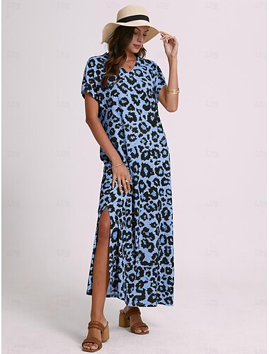  Damen Maxi Kleid Sommerkleid Shift Kleid Sommer Kleid Streetwear Sexy Drop Shoulder Urlaub Party Feiertag Regular Fit Leopard Kurzarm V-Ausschnitt Pink Blau Khaki Sommer Frühling