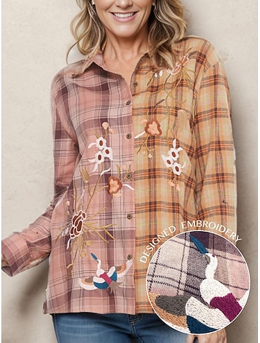  Women's Embroidered Plaid Shirt Tops Long Sleeves Button-up Loose Tunic Blouses