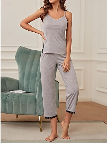  Conjuntos de pijamas femininos cor pura conforto casa cama diária respirável alça superior calça verão roupas para casa