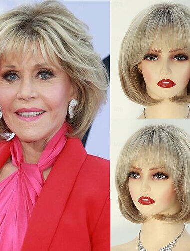  perucas loiras curtas bob para mulheres brancas peruca loira mista curta bob com franja perucas loiras de aparência natural em camadas sintéticas com raízes escuras para mulheres velhas peruca para