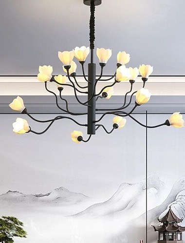  Schwarzer Kronleuchter, 9/12/18 Licht, Blumen-Design, moderner Bauernhaus-Kronleuchter für Esszimmer, Keramik-Blumen-Art-Deco-Kronleuchter, Deckenleuchte, Hängeleuchten, Leuchte für Inselleuchten,