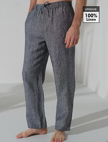  100% Leinen Herren Leinenhosen Hose Freizeithose Kordelzug Elastischer Bund Gerader Schnitt Einfach Komfort Atmungsaktiv Lässig Täglich Ferien Mode Klassicher Stil Marineblau Blau