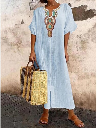  Dames Maxi-jurk Imitatie katoenlinnen Kaftanjurk Casual jurk Basic Modern Dagelijks Weekend Ruim Passend Bloemig Halve mouw Gespleten nek blauw Wit Blozend Roze Grijs Zomer Lente