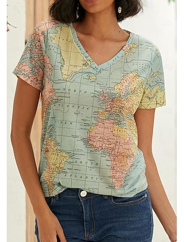  Per donna maglietta Blusa Pop art Mappa del mondo Multicolor Stampa Strada Giornaliero Essenziale Moderno Corte Manica corta A V verde pisello Estate