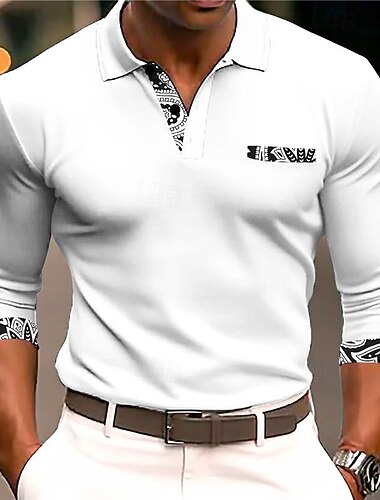  Herre Kabelstrik polo Golf polo skjorter Langærmet Polo skjorter Aftæpning Årgang Afslappet / Hverdag 3D Trykt mønster Efterår vinter Sort Hvid Gul