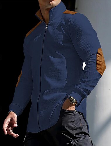  Homens Camiseta Jaqueta Camiseta de malha waffle T-shirt Manga Longa Colarinho Clerical Primavera & Outono Bloco de cor Moda Designer Básico Zip Up Patchwork Férias Rua Para Noite Branco Azul cáqui