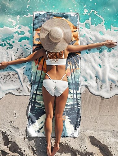  serviette de plage palmier coucher de soleil grand motif imprimé 3d serviette serviette de bain drap de plage couverture classique 100% microfibre couvertures confortables