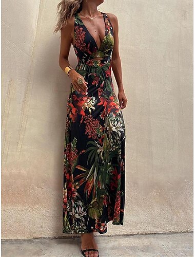  Mujer vestido largo vestido largo Vestido informal Vestidos Boho Chic Bohemia Maxi Línea A Vacaciones Festivos Delgado Floral Tropical Sin Mangas Escote en Pico Negro Blanco Azul Piscina Verano