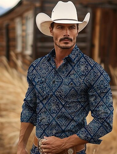  Hombre azteca Tribal Ética / Africana camisa occidental Camisa vaquera Manga Larga Vintage estilo occidental Tribal Exterior Vacaciones Carrera de caballos Primavera verano Cuello Vuelto Estampado