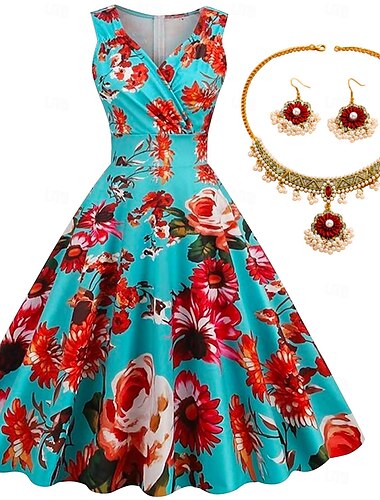  vestido floral cereja vintage vestido sem mangas com brincos de colar 4 peças 1950 anos 1960 rockbility vestido retrô vintage roupas femininas primavera verão fantasia diária de festa de chá