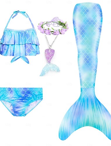  kinderkleidung Mädchen Fünf Stück Meerjungfrau Bademode Bademode Bikini Strand Schwimmen Regenbogen Batik Kuschelig Badeanzüge 3-10 Jahre Sommer Hellblau Mehrfarbig