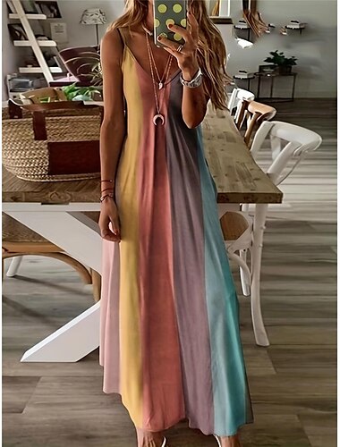  Mulheres Vestido casual Vestido de decote Cores Gradiente Imprimir Com Alças Vestido Longo Vestido Maxi à moda Casual Diário Férias Sem Manga Verão