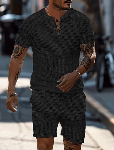  Herren Zweiteilig Waffel-Henley-Hemd T-Shirt Anzüge Trainingsanzug Kurzarm Kurze Ärmel Kurze Hose Henley Sommer Einfarbig Zeichnen Gymnastik Lässig 2 teilig Urlaub Alltagskleidung Sportkleidung
