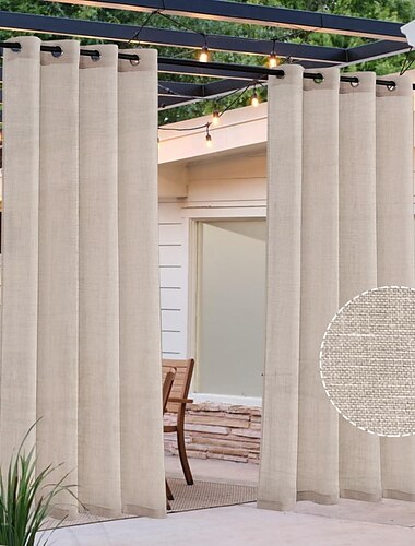  Cortina impermeable para exteriores para patio, aspecto de lino, resistente, para interiores y exteriores, cortina con ojales sólidos, aislamiento térmico, cortina para bloquear la luz solar para