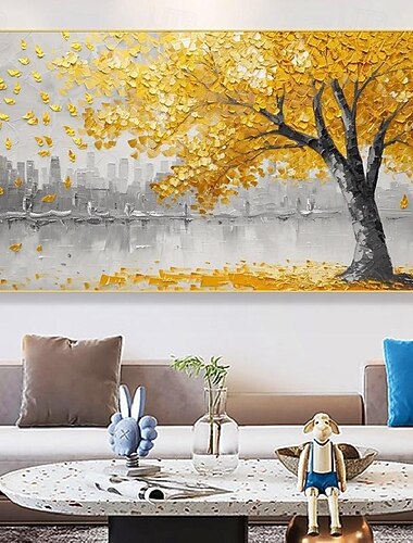  3Dゴールド油絵手描きキャンバスゴールドフラワーアートペインティング手描き抽象風景テクスチャゴールドツリー油絵植樹壁画ベッドサイドペインティングベッドルームアート春の装飾