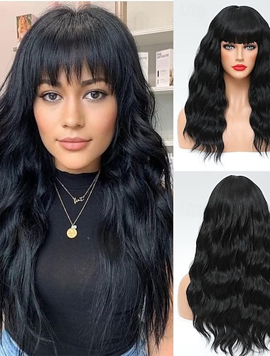  Black Wigs for Women 18 inch Long Wavy Curly Hair Wigs with Bangs Synthetic Replacement Wigs Heat Resistant Fiber Party Costume Wig