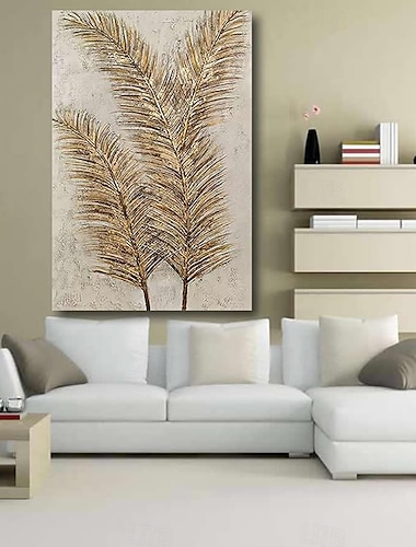  pintura al óleo hecha a mano arte de la pared pintado a mano abstracto moderno hojas doradas plantas aceites pesados decoración del hogar decoración marco estirado listo para colgar