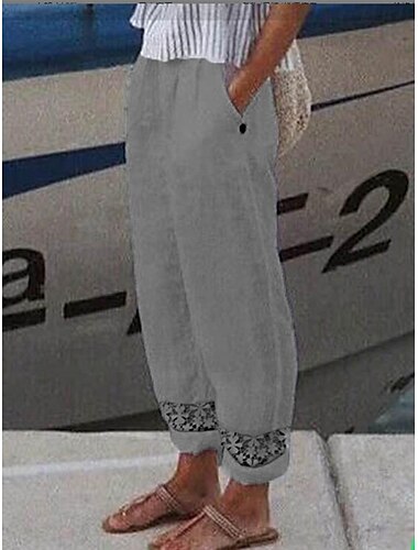  Damen Hose aus Baumwollleinen Hosen Hose Alltagstauglich Volle Länge Einfach Kordelzug Seitentaschen Ausschnitt Atmungsaktivität Bequem Unelastisch Ausgehen Wochenende Weiß Blau Hellgrau Grau Sommer
