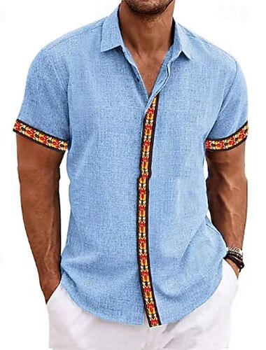 Herren Hemd Leinenhemd Freizeithemd Baumwollhemd Farbblock Urlaub Straße Schwarz Weiß Himmelblau Grau Kurzarm Umlegekragen Sommer Bekleidung Button-Down