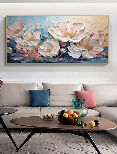  handgemaakte originele witte bloem olieverfschilderij op canvas roze muur kunst decor dikke textuur bloesem schilderij voor woondecoratie met uitgerekt frame/zonder binnenframe schilderij