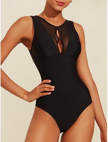  Damen Badeanzug Ein Stück Bademode Loch Solide / einfarbig Schwarz Runden Badeanzüge Strand Design
