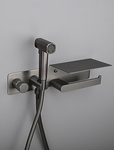  Pulvérisateur de bidet en or brossé, bouton dissimulé, valve en laiton avec étagère de produits, porte-papier, pulvérisateur en plastique, tuyau en pvc gris