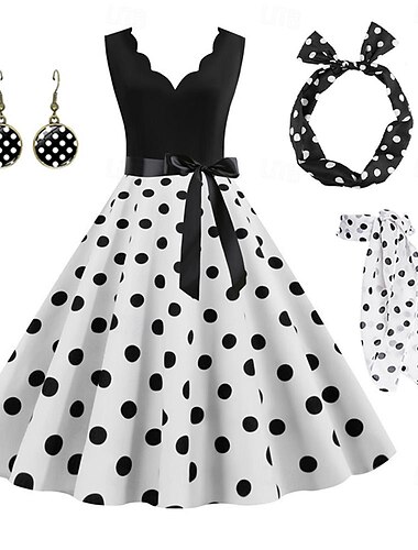  Damen A-Linie Rockabilly-Kleid Polka Dots Swing-Kleid Schlagkleid mit Zubehör-Set 1950er 60er Jahre Retro Vintage mit Stirnband Chiffon-Schal Ohrringe Katzenbrille Sonnenbrille 6-tlg