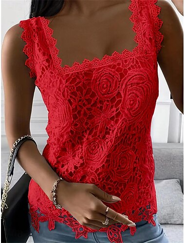  Damen Elegante Weiße Spitzen Tops Ösen Bluse Sexy Ärmellos Floral Semitransparent Quadrat-Ausschnitt Gewellter Saum Mode Slim Fit Date Lässig Party Romantische Petite Tops Sommer Urlaub Tragen