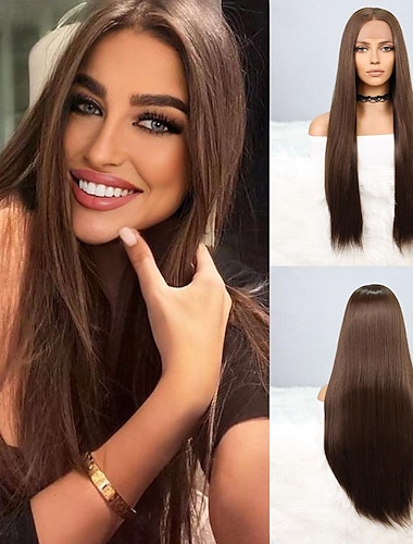  Parrucca in pizzo sintetico Liscio Stile 26 pollice Marrone Parte di mezzo 13 * 4 Chiusura Parrucca Per donna Parrucca Marrone chiaro Marrone scuro Nero - marrone
