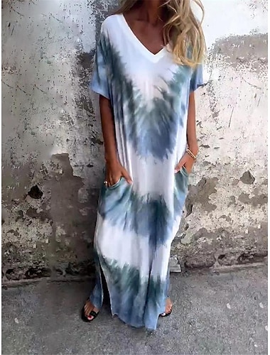  Mulheres Vestido Longo Vestido Maxi Vestido casual Vestido T shirt Vestido de verão à moda Casual Férias Diário Normal Tintura Tie Dye Manga Curta Decote V Rosa Azul Laranja Verde Verão