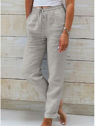  Damen Hose aus Baumwollleinen Chinos Hosen Hose Basic Lässig Lang Hohe Taille Einfach Tasche Elastisches Kordelzugdesign Hoher Schnitt Atmungsaktivität Weich Mikroelastisch Straße Alltagskleidung