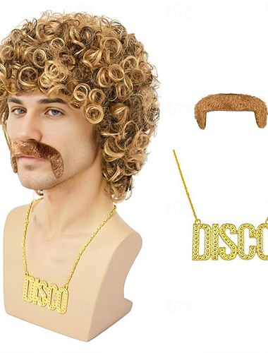  Parrucca Afro per Costumi Disco Anni '70 per Uomini Parrucca Naturale Riccia Short Fluffy Capelli Sintetici per Carnevale Festa Disco Parrucche di Halloween