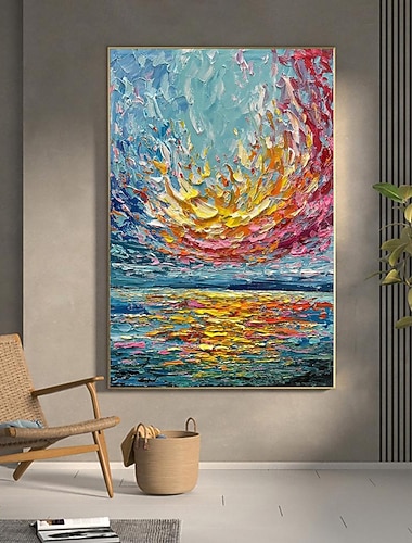  handgemachtes Ölgemälde auf Leinwand, Wandkunst, Dekoration, dickes Öl, Meer, Sonnenaufgang, Landschaft für die Inneneinrichtung, gerollt, rahmenlos, ungedehntes Gemälde