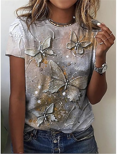  女性用 Tシャツ バタフライ プリント 日常 ファッション 近代の 半袖 クルーネック イエロー 夏