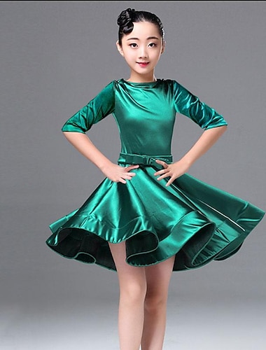  Λάτιν Χοροί Παιδικά Ρούχα Χορού Φόρεμα Καθαρό Χρώμα Κόψιμο Κοριτσίστικα Επίδοση Εκπαίδευση Μισό μανίκι Ψηλό Πολυεστέρας