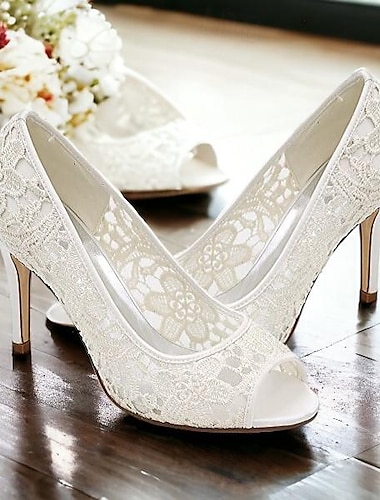  Γυναικεία Γαμήλια παπούτσια Δίχτυ Νυφικά Παπούτσια Δαντέλα Τακούνι Στιλέτο Ανοικτή Μύτη Σατέν Μαύρο Λευκό Κρύσταλλο