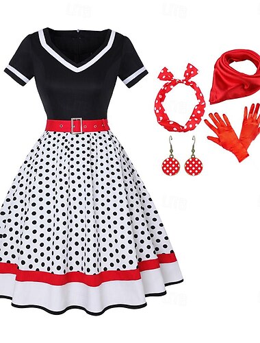  Conjunto de los años 50 vestido acampanado cinturón 7 piezas conjunto de accesorios de los años 50 retro vintage vestido de swing mujer cosplay disfraz fiesta cita festival